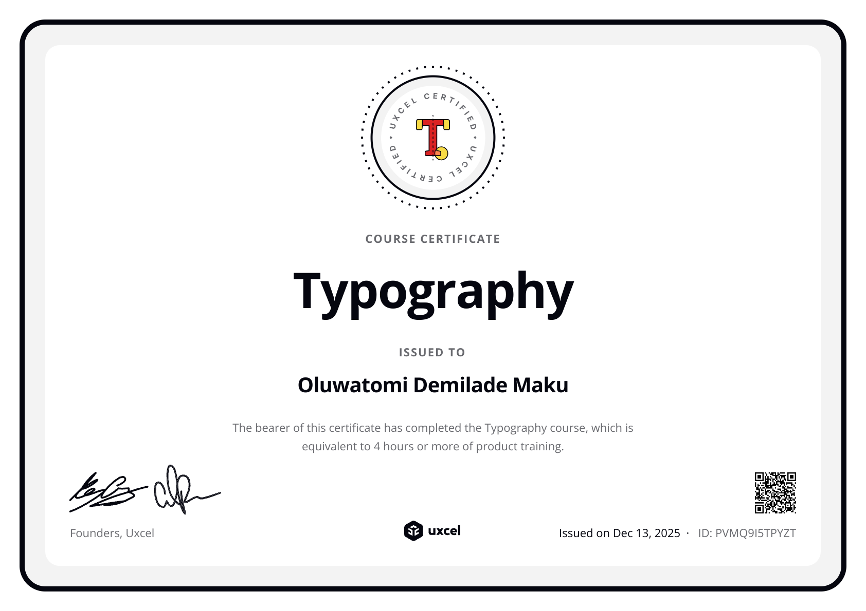 Oluwatomi Demilade Maku's certificate